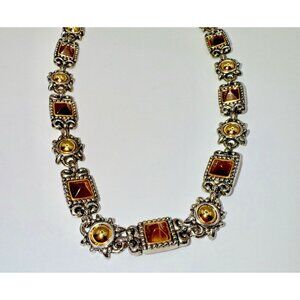 Premier Designs Blaine Necklace Antique Gold Silver Two Tone Brown Cats Eye 16"